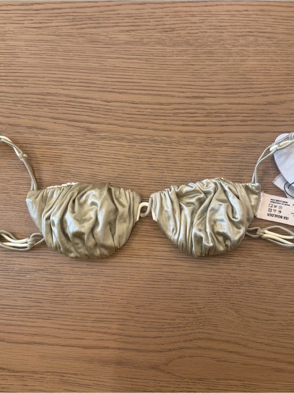 Isa Boulder Satin Ruched Bikini Top in Pale Gold